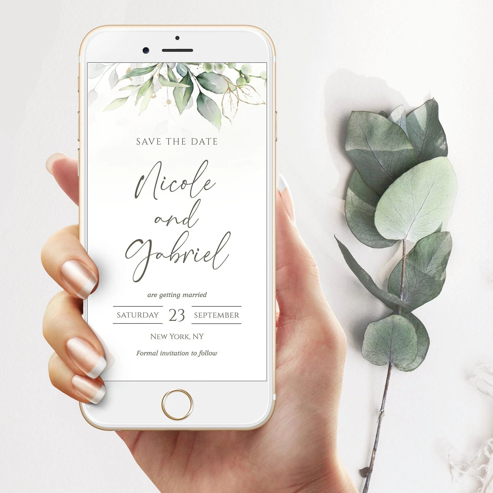 Electronic Save the Date Text Invite Template, Elegant Greenery Watercolor, Instant Download, Editable Electronic Invitation, Mobile Invite