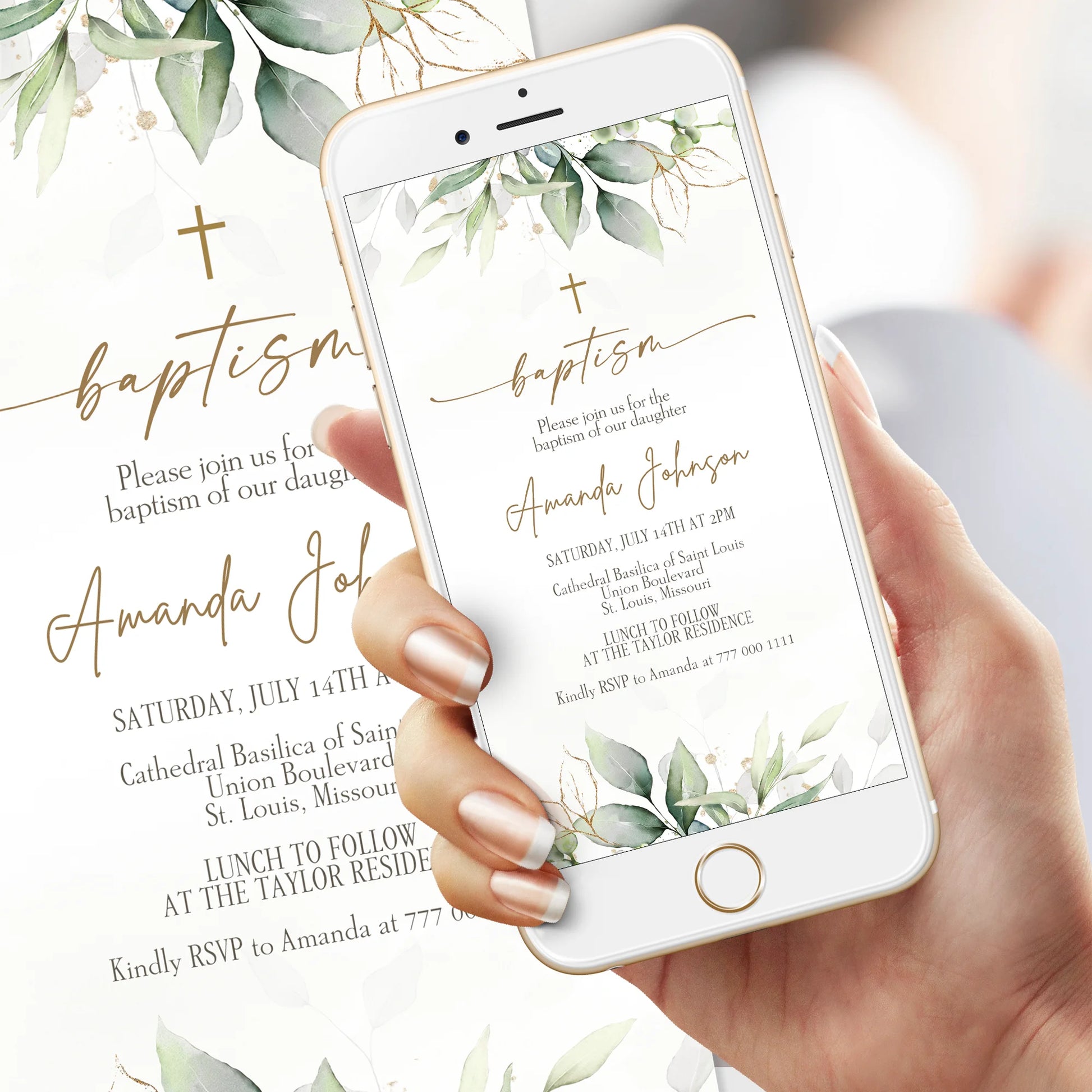 Digital Baptism Invitation Evite, Electronic Greenery Gold Leaves Baptism Invite, Text Message Baptism Invitation Template, Editable Invite