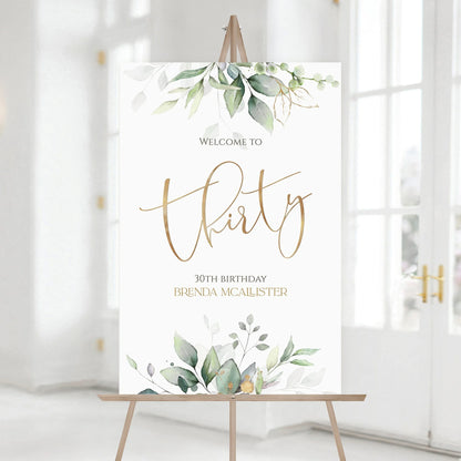 Greenery 30th Thirty Birthday Party Welcome Sign, Editable Template, Printable Birthday Welcome Sign Template, Gold Foil Leaves, DIY Poster