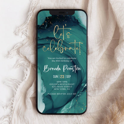 Teal Gold Birthday Let's Party Invitation Template, Editable Digital Party Invite