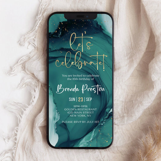 Teal Gold Birthday Let's Party Invitation Template, Editable Digital Party Invite