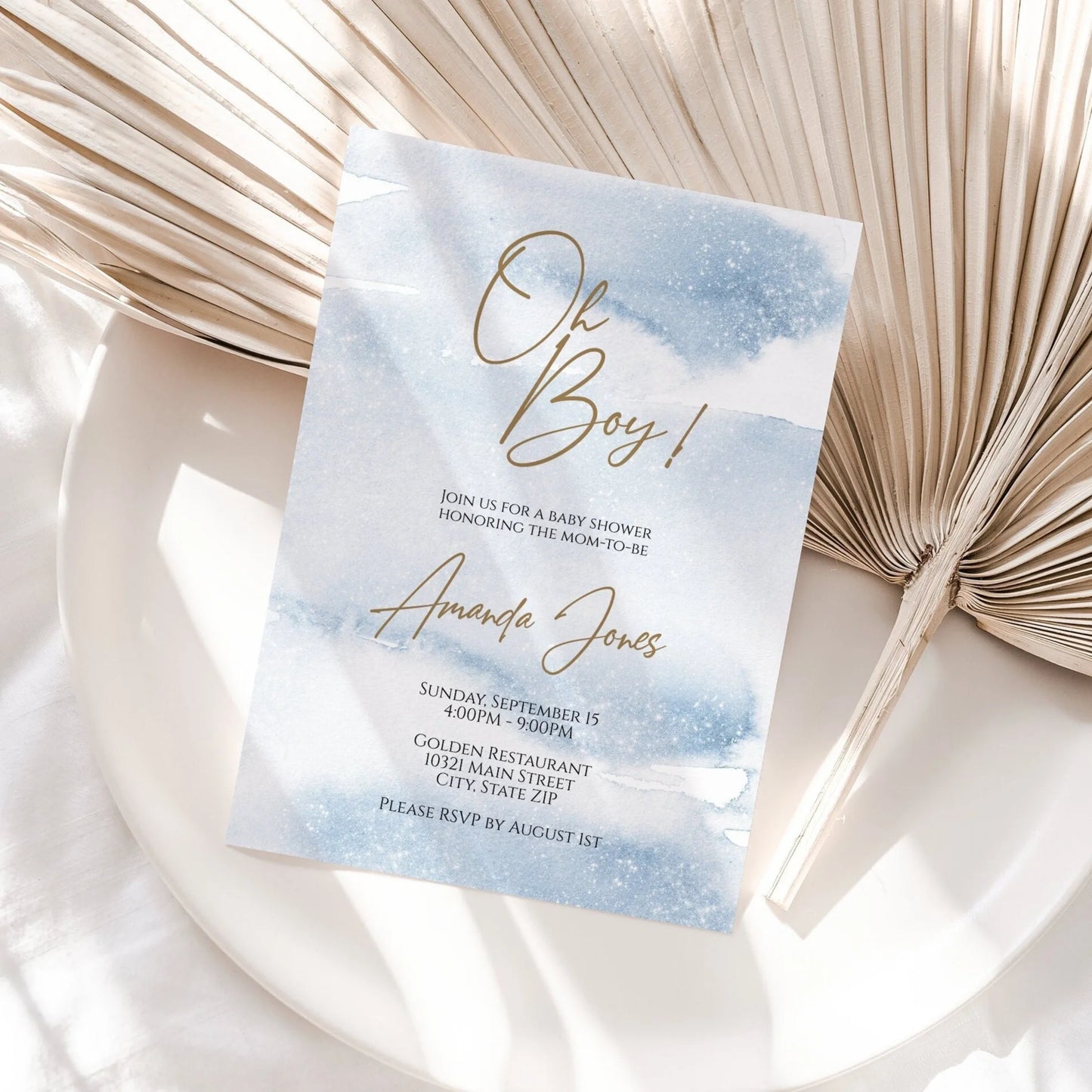 Printable Oh Boy Baby Shower Invitation Template, Boy Baby Shower Invites Blue Watercolor, Editable Invitation, Elegant Baby Shower Invite