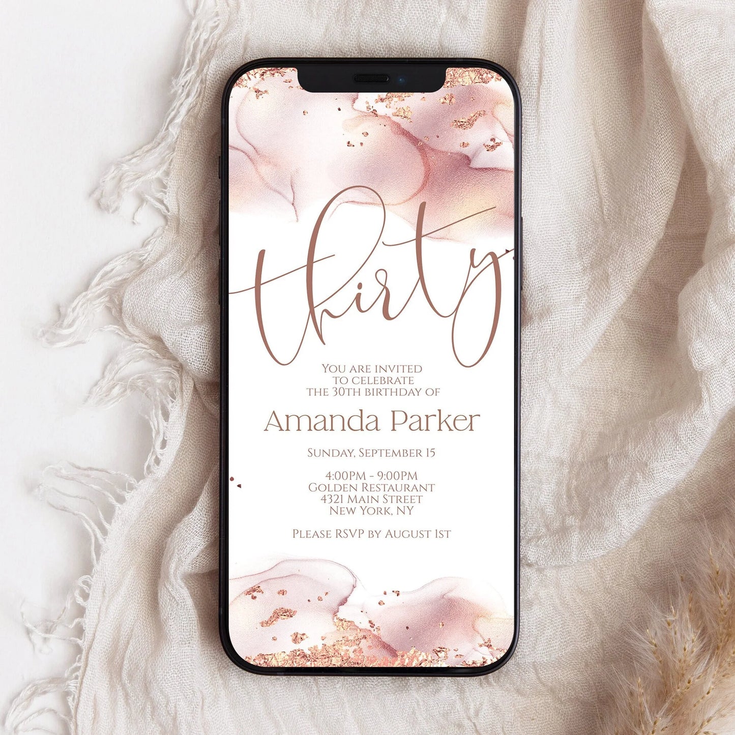 30th Thirty Birthday Electronic Invite, Rose Gold Foil Editable Invitation, Email Text Message, Phone Invite, DIY Evite, Digital Template