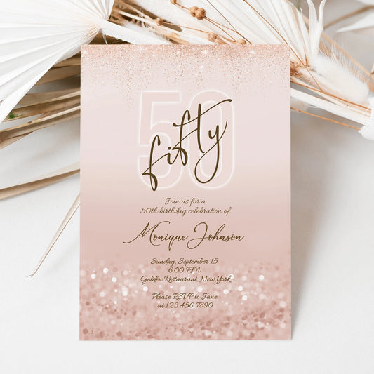 Printable 50th Fifty Birthday Invitation Template, Editable Fifty and Fabulous Birthday Invite, Ladies Surprise Dinner Evite, Birthday Card, Instant Download