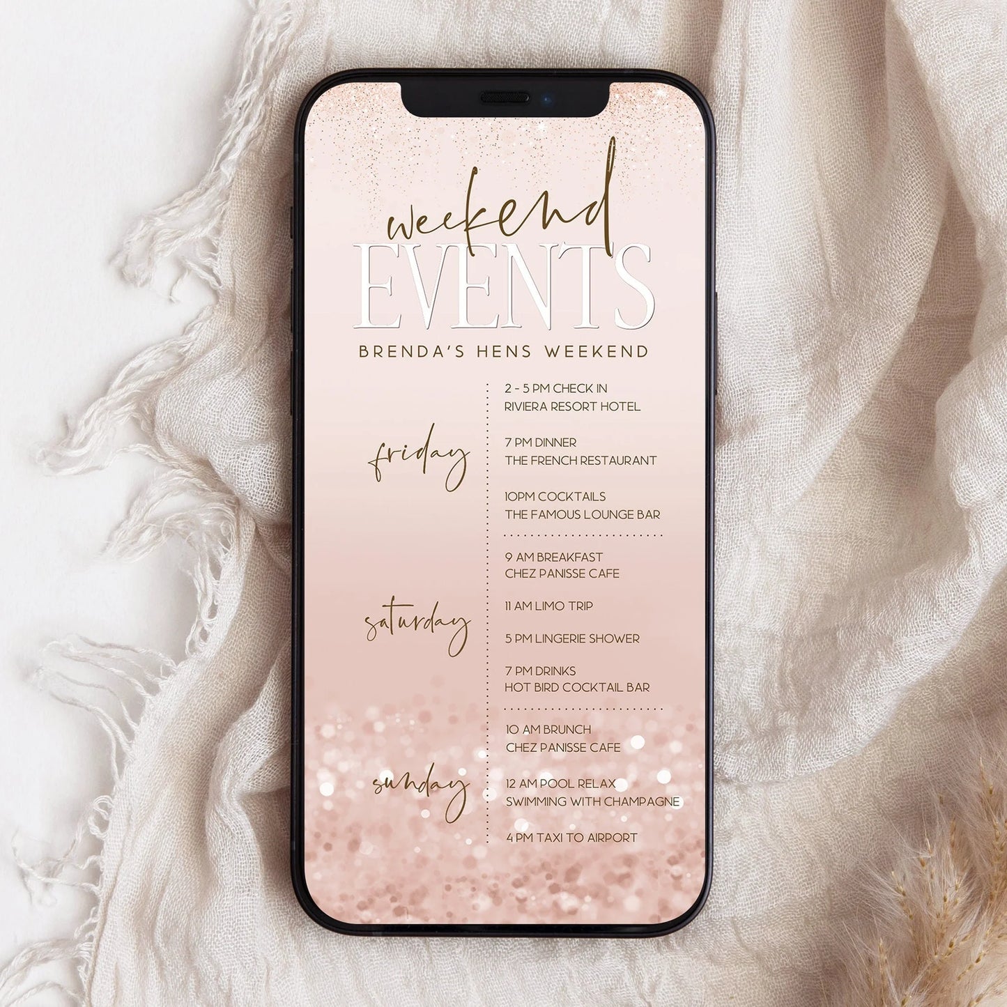 Rose Gold Digital Modern Hens Weekend Events Itinerary Template, Electronic Bachelorette Weekend, Luxury Hens Weekend, Phone Text Message