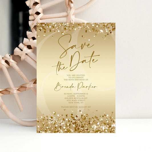 Printable Gold Save the Date Invitation Template, Modern Birthday Invite, Email Text Message Evite, Editable Save the Date Luxury Invitation