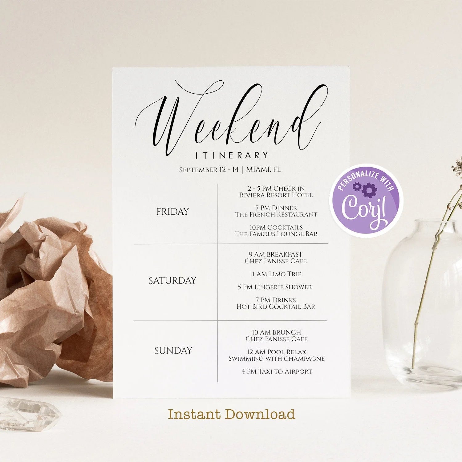 Itinerary Template, Printable Bachelorette Itinerary, Weekend Itinerary, Birthday Weekend, Editable Hens Party Black White, Instant Download