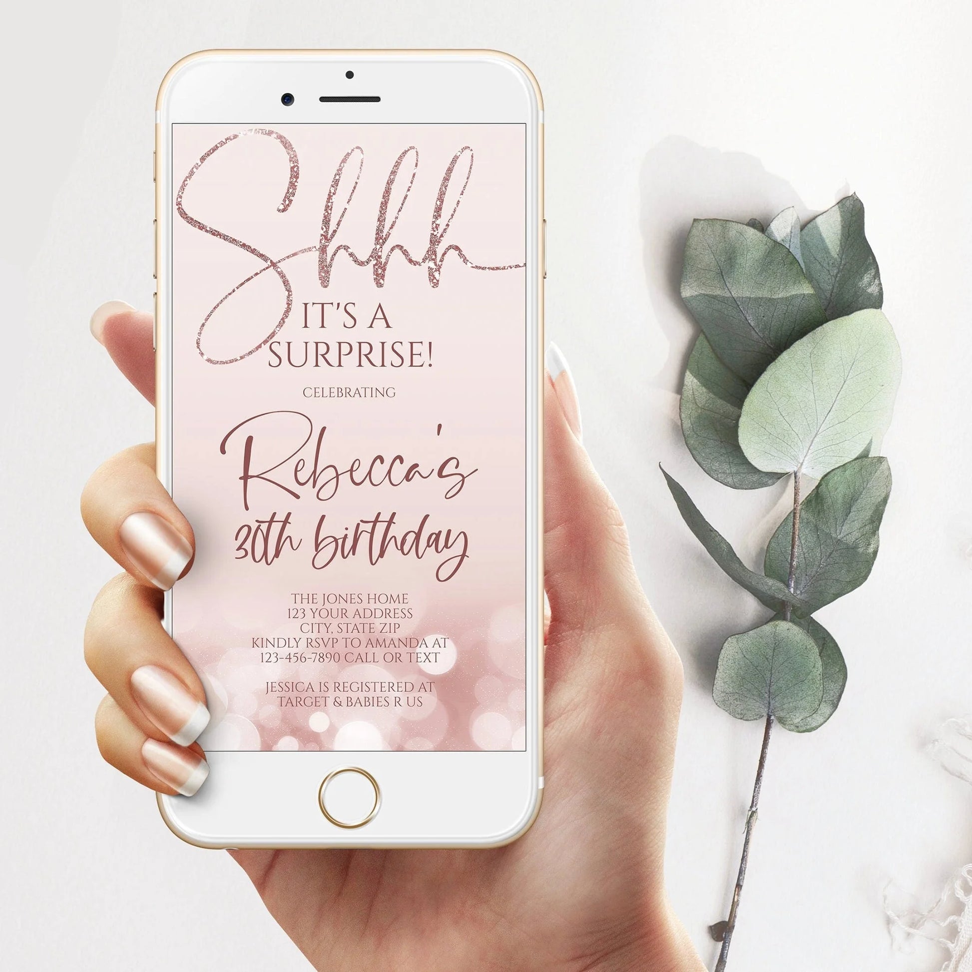 Shhh it's a surprise Electronic 30th birthday text message invitation Evite, Rose Gold Glitter Invite, Thirty editable invite, Phone Invite