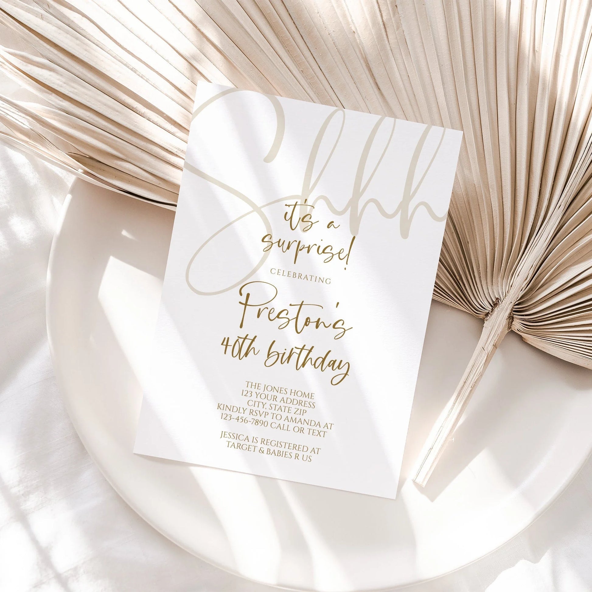 Shhh it's a Surprise Forty 40th Birthday Invitation, Printable white gold Men Birthday, Forty Birthday Invite, Editable Invitation Template