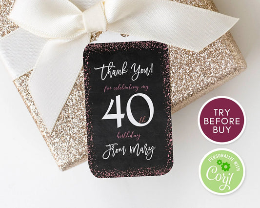 40th Birthday Tags, Favor Tags Printable, Thank You Tag, Personalized Black and Rose Gold Pink Confetti Tags, Any Age Birthday Party Tag DIY